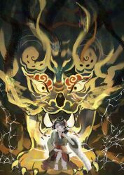 Rule 34 | 1girl, :o, amedama ameme, ankle bell, bandaged leg, bandages, barefoot, black hair, braid, cellphone, chinese clothes, full body, green hanfu, hand up, hanfu, highres, holding, holding phone, liang yue (reverse:1999), lightning, long hair, low twin braids, mask, mask on head, miniskirt, monster, phone, qiangliang (reverse:1999), red skirt, reverse:1999, skirt, solo, squatting, summoning, twin braids, yellow eyes