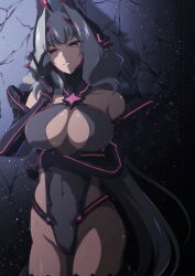 1girl absurdres against_wall alternate_color alternate_hair_color android aoi_tabane azarin_(kouyoku_senki_exs-tia) bare_shoulders black_gloves breasts brown_eyes cleavage cleavage_cutout clothing_cutout corruption covered_navel crack cracked_wall dark_persona elbow_gloves gloves grey_hair hair_intakes headgear highleg highleg_leotard highres kouyoku_senki_exs-tia large_breasts leotard long_hair looking_at_viewer mind_control mind_controlled_exs-tia parted_lips shiny_skin smile solo thighhighs very_long_hair yellow_eyes
