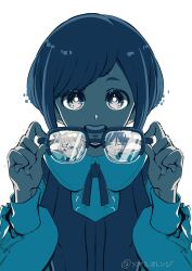 1girl blue_theme collared_shirt frilled_shirt frilled_sleeves frills fukurai_azami glasses glitch hands_up highres holding holding_removed_eyewear long_sleeves looking_at_viewer meguriya_ayumu monochrome open_mouth puffy_long_sleeves puffy_sleeves reflection rinko_nakagawa shirt short_hair simple_background smile solo swept_bangs tomarigi_yasumi toshi_densetsu_kaitai_center unworn_eyewear upper_body white_background