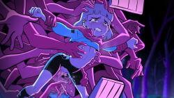 1girl bike_shorts black_eyes blonde_hair blurry blurry_background breasts censored clenched_teeth clothes_lift ear_piercing earrings forest groping half-closed_eyes hands_on_another&#039;s_head hands_on_another&#039;s_leg highres interspecies jcm2 jentry_chau jentry_chau_vs_the_underworld jewelry long_sleeves looking_afar monster nature night piercing pussy pussy_juice rape restrained sad saliva shirt_lift short_hair small_breasts squiggle_eyes tears teeth torn_clothes