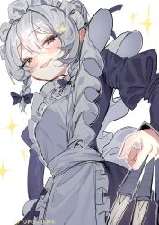 1girl absurdres apron artist_name back_bow between_fingers blue_bow blue_dress blush bow braid commentary_request cowboy_shot dagger dress fingernails frills grey_apron grey_bow grey_eyes grey_hair hair_between_eyes hair_bow hair_bun highres holding holding_dagger holding_knife holding_weapon izayoi_sakuya juliet_sleeves knife long_sleeves looking_at_viewer maid maid_headdress puffy_sleeves short_hair simple_background smile solo sparkle standing teeth touhou tume_ama twin_braids weapon white_background