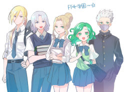 2girls 3boys blonde_hair cain_highwind cecil_harvey chisora_(chisora_ra) edward_geraldine final_fantasy final_fantasy_iv green_eyes green_hair highres long_hair looking_at_viewer mask mouth_mask multiple_boys multiple_girls open_mouth pleated_skirt protected_link rosa_farrell rydia_(ff4) school_uniform simple_background skirt smile white_background