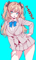 1girl :d aqua_background blonde_hair blue_bow blue_eyes blush bow breasts bungeiman_masa buttons collared_shirt green_bow grey_jacket hand_on_own_hip hand_on_own_leg highres jacket large_breasts leaning_to_the_side long_hair long_sleeves looking_at_viewer open_mouth original pleated_skirt school_uniform shirt simple_background skirt smile solo thighs twintails white_shirt