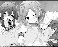 1boy 2girls ahoge bar_censor blush breastfeeding breasts brother_and_sister censored closed_eyes clothed_female_nude_male collared_shirt commentary_request commission erection fang fellatio ffm_threesome greyscale group_sex hair_ornament highres hikigaya_hachiman hikigaya_komachi incest lactation long_hair looking_at_another looking_at_viewer lying monochrome multiple_girls nekosaki nipple_stimulation nude on_back one_eye_closed open_mouth oral penis pixiv_commission sailor_collar shirt short_hair siblings small_breasts threesome twitter_username wince x_hair_ornament yahari_ore_no_seishun_lovecome_wa_machigatteiru. yukinoshita_yukino