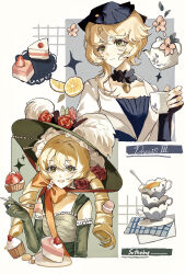 Rule 34 | 2girls, :d, absurdres, acorn pendant, blonde hair, blue headwear, bow, cake, cake slice, character name, chin strap, closed mouth, cup, dress, drill hair, druvis iii, elbow gloves, fascinator, flower, food, fork, fruit, gloves, green dress, green eyes, green gloves, green headwear, hand up, hat, hat feather, hat flower, highres, holding, holding cup, holding fork, lemon, lemon slice, long hair, low twintails, medium hair, multiple girls, open mouth, orange bow, pink flower, red flower, red rose, reverse:1999, rose, saucer, sleeveless, sleeveless dress, smile, sotheby, strawberry cake, sun hat, teacup, teapot, twin drills, twintails, upper body, weiguang651, white background, white dress
