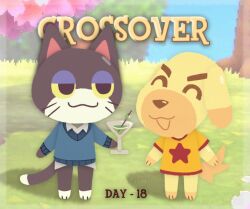 2boys :3 ^_^ animal_crossing animal_ears blue_sweater cat_boy cat_ears cat_tail closed_eyes cocktail_glass coffeish44 commentary cosplay cup dog_boy dog_ears dog_tail drinking_glass english_commentary furry furry_male genderswap genderswap_(ftm) goldie_(animal_crossing) holding holding_cup male_focus martini multiple_boys nintendo outdoors punchy_(animal_crossing) scott_pilgrim scott_pilgrim_(cosplay) scott_pilgrim_(series) shirt smug star_(symbol) star_print sweater tail wallace_wells wallace_wells_(cosplay) yellow_shirt