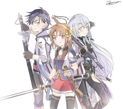 1boy 2girls ahoge anelace_elfead black_hair blue_eyes brown_hair curtained_hair double-parted_bangs eiyuu_densetsu fingerless_gloves gloves hair_between_eyes high_collar highres holding holding_sword holding_weapon kuro_no_kiseki_(series) kuro_no_kiseki_i long_hair meme multiple_girls parted_bangs pommel_tassel purple_eyes rean_schwarzer sen_no_kiseki sen_no_kiseki_(series) sen_no_kiseki_iii shizuna_rem_misurugi short_hair signature simple_background sora_no_kiseki sword thighhighs weapon white_background white_hair yachi337 yellow_eyes