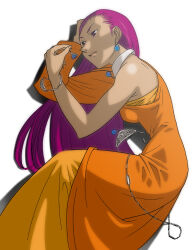 Rule 34 | 1girl, asymmetrical dress, blue gemstone, borrowed accessory, bracelet, breasts, dark-skinned female, dark skin, dragon quest, dragon quest iv, dress, drop shadow, earrings, feet out of frame, fingernails, from above, full body, gem, hair pulled back, hand on own head, holding, holding earrings, holding jewelry, jewelry, long dress, long fingernails, long hair, long sleeves, looking at object, lying, minea (dq4), neck ring, no headwear, on side, orange dress, parted lips, purple eyes, purple hair, single bare shoulder, single sleeve, slime (dragon quest), solo, sphere earrings, white background, yokoshima tomoaki