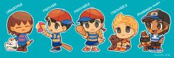 1other 4boys =_= androgynous annoying_dog backpack bag baseball_bat baseball_cap blonde_hair bone boney boots brown_eyes brown_hair capri_pants copyright_name creatures_(company) dark-skinned_male dark_skin dog doseisan elio_(pokemon) frisk_(undertale) game_freak gen_7_pokemon hand_on_own_hip hat litten looking_at_another lucas_(mother_3) male_focus mother_(series) mother_1 mother_2 mother_3 multiple_boys ness_(mother_2) ninten nintendo pants pokemon pokemon_(creature) pokemon_sm quiff red_hat shirt short_hair sideways_hat signature sitting skyloop19 stick striped_clothes striped_shirt swept_bangs t-shirt trait_connection undertale