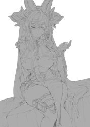 1girl akita_hika animal_ears bare_shoulders breasts closed_eyes detached_sleeves dress extra_ears galleon_(granblue_fantasy) granblue_fantasy greyscale highres horns large_breasts long_hair long_sleeves monochrome pointy_ears simple_background sketch solo thighhighs very_long_hair white_background