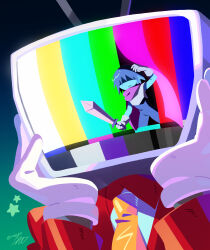 1boy 1other ant_tenna armor blue_hair blue_skin bodysuit cape carbingsu colored_skin crt deltarune gloves hands_on_own_face highres holding holding_sword holding_weapon jacket korean_commentary kris_(dark_world)_(deltarune) kris_(deltarune) necktie object_head partially_shaded_face red_jacket signature star_(symbol) sword twitter_username weapon white_gloves yellow_necktie
