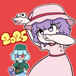 2025 2girls absurdres blue_eyes blue_hair bright_pupils chinese_zodiac commentary_request cookie_(touhou) cowboy_shot dress fake_beard fake_facial_hair fake_mustache googly_eyes gourd green_kimono hat heterochromia highres hisaka_(cookie) japanese_clothes kimono looking_at_viewer mioto_(cookie) mob_cap muimui_(4242564muimui) multiple_girls open_mouth pink_dress pink_hat purple_eyes purple_hair red_background red_dress red_eyes remilia_scarlet short_hair simple_background tatara_kogasa touhou white_pupils year_of_the_snake