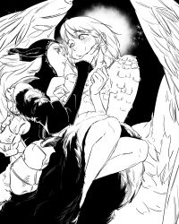 2girls absurdres black_background black_coif dungeon_meshi falin_touden falin_touden_(chimera) feathers grabbing_another&#039;s_face head_grab highres long_hair looking_at_another marcille_donato marcille_donato_(lord) medium_hair multiple_girls parted_lips puffy_sleeves talons ttal_ttal wings