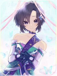 1girl antenna_hair ayuko_ammobium bare_shoulders black_eyes black_gloves black_hair bow bow_choker breasts bug butterfly character_name choker closed_mouth collarbone dated detached_sleeves dress floral_print_dress flower gloves hair_flower hair_ornament happy_birthday highres idolmaster idolmaster_(classic) insect kikuchi_makoto lips looking_at_viewer purple_bow purple_sash sash short_hair smile solo steepled_fingers strapless strapless_dress