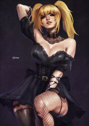 Rule 34 | 1girl, absurdres, ani (xai), bare shoulders, black corset, black dress, black gloves, blonde hair, blue eyes, breasts, choker, cleavage, commentary, corset, dress, english commentary, fishnet thighhighs, fishnets, gloves, goth fashion, grok (xai), highres, lace, lace-trimmed armband, lace-trimmed choker, lace-trimmed gloves, lace choker, lace collar, lace trim, large breasts, logo hair ornament, long hair, looking at viewer, monori rogue, off-shoulder dress, off shoulder, open mouth, smile, solo, thighhighs, twintails, xai (company)
