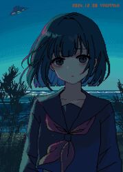 1girl artist_name bags_under_eyes black_hair black_serafuku closed_mouth dated dithering expressionless flying_saucer highres horizon looking_at_viewer nanami_yuki_(yuki77mi) neckerchief ocean original outdoors pixel_art red_neckerchief school_uniform serafuku sky solo spacecraft ufo water