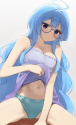 1girl absurdres ahoge aqua_panties blue-framed_eyewear blue_eyes blue_hair breasts cleavage closed_mouth clothes_lift commentary dress dress_lift glasses hair_intakes highres lifting_own_clothes long_hair long_sidelocks looking_at_viewer medium_breasts navel panties purple_dress shiunji-ke_no_kodomotachi shiunji_seiha sidelocks sitting sleeveless sleeveless_dress solo spaghetti_strap strap_slip syhan thick_eyebrows thighs underwear