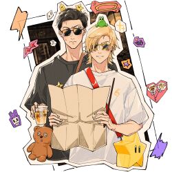 2boys absurdres arm_up arms_up bag banana_peel black_hair black_shirt blonde_hair candy casual closed_mouth commentary_request crew_neck cropped_torso cup dion_lesage disposable_cup final_fantasy final_fantasy_xvi food grin halo heart highres holding holding_cup holding_map lollipop male_focus map mario_(series) multiple_boys nintendo parted_hair shinya572 shirt short_hair short_sleeves shoulder_bag smile sparkle star-shaped_eyewear star_(symbol) sticker stuffed_animal stuffed_toy sunglasses super_star_(mario) sweatdrop t-shirt teddy_bear teeth terrence_(ff16) white_background white_shirt yellow-framed_eyewear