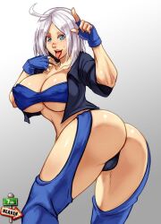 1girl 7th-heaven angel_(kof) ass bent_over blue_eyes breasts chaps cleavage covered_erect_nipples female_focus fingerless_gloves from_behind gloves highres huge_ass huge_breasts jacket large_breasts latex leather leather_jacket looking_at_viewer looking_back navel open_clothes open_mouth panties pants shiny_skin short_hair standing the_king_of_fighters thick_thighs thighhighs thighs tight_clothes tongue tongue_out underboob underwear wide_hips