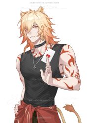 1boy absurdres animal_ears arm_tattoo black_collar black_shirt blonde_hair braid card chinese_commentary clothes_around_waist collar commentary_request facial_tattoo gradient_hair hair_between_eyes hand_on_own_hip highres holding holding_card honkai:_star_rail honkai_(series) jewelry lion_boy lion_ears lion_tail looking_at_viewer male_focus medium_hair multicolored_hair mydei_(honkai:_star_rail) necklace red_hair red_tattoo shirt side_braid sleeveless sleeveless_shirt solo tail tattoo watermark yellow_eyes yexiuyexiuyexiu