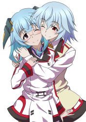 2girls blue_hair blush glasses hug infinite_stratos infinite_stratos_academy_school_uniform kuroda_ariake multiple_girls one_eye_closed red_eyes sarashiki_kanzashi sarashiki_tatenashi school_uniform shirt short_hair siblings sisters skirt white_shirt