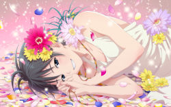 Rule 34 | 00s, 1girl, antenna hair, black hair, blue eyes, dress, female focus, flower, hair ornament, idolmaster, idolmaster (classic), kikuchi makoto, lying, petals, short hair, smile, solo, sundress, yachiwo, yasuchiki