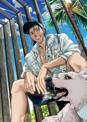 Rule 34 | 1boy, animal, azuazuazu19, baseball cap, black hat, blue hair, blue sky, collarbone, cu chulainn (caster) (fate), cu chulainn (fate), cu chulainn (tropical rune summer) (fate), day, dutch angle, earrings, eyewear hang, fate/grand order, fate (series), freki and geri (fate), from below, game cg, grin, hat, jacket, jewelry, long hair, long sleeves, looking at viewer, male focus, male swimwear, no shirt, official art, open clothes, open jacket, palm tree, pectorals, red eyes, ring, sitting, sky, smile, solo, sunglasses, swim trunks, teeth, third-party source, tree, unworn eyewear, white jacket, wolf
