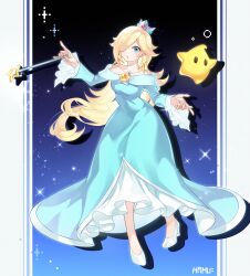 1girl absurdres aqua_dress aqua_eyes blonde_hair blue_dress crown dress earrings full_body hair_over_one_eye hamu_(rz_1023) high_heels highres holding holding_wand jewelry long_hair looking_at_viewer luma_(mario) mario_(series) nintendo rosalina shoes solo star_(symbol) star_earrings super_mario_galaxy wand white_shoes