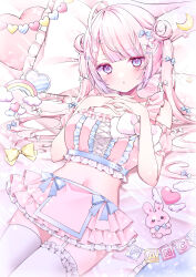 Rule 34 | 1girl, absurdres, blush, bow, chibana sora, crop top, double bun, frills, hair bow, hair bun, heart, highres, long hair, looking at viewer, lying, midriff, on back, original, pillow, pink hair, pink skirt, purple eyes, skirt, solo, thighhighs, twintails, virtual youtuber