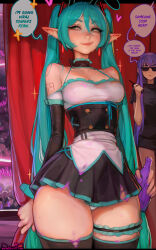 2girls aqua_hair arm_tattoo artist_name black_choker black_shirt black_skirt black_sleeves black_thighhighs bottle buttons choker clothes-dissolving_potion commentary cosplay curtains detached_sleeves double-breasted elf english_commentary english_text eyelashes fern_(sousou_no_frieren) frieren frilled_choker frills glass_bottle glowstick grin hatsune_miku hatsune_miku_(cosplay) highres holding holding_bottle kittew lips long_pointy_ears microskirt multiple_girls panties patreon_username penlight_(glowstick) pleated_skirt pointy_ears shirt skirt smile sousou_no_frieren speech_bubble stage standing striped_clothes striped_panties sunglasses tattoo thighhighs thighs twintails underwear vocaloid wide_hips