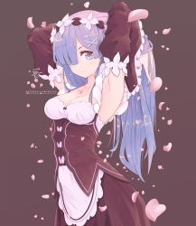 1girl alternate_hair_length alternate_hairstyle apron bicio blue_eyes blue_hair blush breasts cleavage collarbone commentary detached_sleeves dress falling_petals frills hair_ornament hair_over_one_eye hair_ribbon highres long_hair long_sleeves looking_at_viewer maid maid_headdress medium_breasts petals re:zero_kara_hajimeru_isekai_seikatsu rem_(re:zero) ribbon signature smile solo watermark web_address white_apron x_hair_ornament