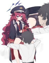 1boy 1girl anba_kohaku black_panties blue_archive blue_halo face_in_crotch fluffy_hair grey_eyes halo hat highres iroha_(blue_archive) lapels long_hair long_sleeves looking_at_another loose_necktie multiple_views necktie notched_lapels panties peaked_cap red_hair red_necktie sensei_(blue_archive) shirt sitting spread_legs steaming_body thighs underwear very_long_hair white_shirt