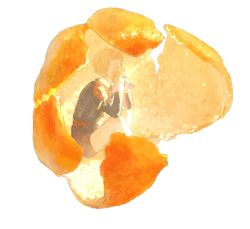 1boy blonde_hair blue_eyes food hakata_toushirou highres in_food lingcod_dayu looking_afar male_focus military military_uniform mini_person miniboy orange_peel shorts sitting solo sunlight touken_ranbu white_background