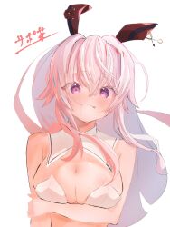 Rule 34 | 1girl, :q, adapted costume, animal ears, arm at side, arm under breasts, artist name, assault lily, bare arms, bare shoulders, bikini, blush, breasts, cleavage, closed mouth, collar, commentary request, endou araya, fake animal ears, hair between eyes, hair in own mouth, hand on own arm, hand up, heart, heart in eye, highres, long hair, looking at viewer, medium breasts, pink eyes, pink hair, rabbit ears, racing sanpo chadoubu, simple background, smile, solo, strapless, strapless bikini, swimsuit, symbol in eye, tongue, tongue out, upper body, white background, white bikini, white collar