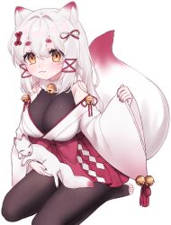 1girl absurdres animal_ears black_bodysuit body_freckles bodysuit bow breasts commission fox_ears fox_girl fox_tail freckles frills fur_collar gohei hair_between_eyes hair_bow hair_ornament hair_ribbon highres indie_virtual_youtuber japanese_clothes kagari_kitsune large_breasts long_hair long_sleeves messy_hair multicolored_hair nontraditional_miko pink_hair red_ribbon ribbon sidelocks skeb_commission skirt sleeves_past_fingers sleeves_past_wrists tai_ki_bansay tail white_hair yellow_eyes