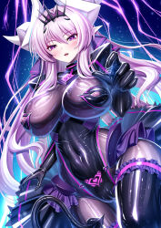 1girl blush bodysuit breasts cameltoe corruption covered_navel dark_persona demon_girl demon_horns demon_tail exs-tia horns iro_ame_(amewaagada) kouyoku_senki_exs-tia large_breasts latex latex_bodysuit light_particles long_hair looking_at_viewer pink_eyes pink_hair pointy_ears pubic_tattoo shiny_clothes smile solo tail tattoo