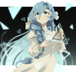 Rule 34 | 1girl, 37 (reverse:1999), black background, blue eyes, blue hair, daku k, dress, hair between eyes, halftone, halftone background, hands up, highres, holding, holding instrument, holding stick, instrument, juliet sleeves, letterboxed, long hair, long sleeves, looking up, music, official alternate costume, outside border, playing instrument, puffy sleeves, reverse:1999, smile, solo, stick, triangle, triangle (instrument), upper body, very long hair, white dress
