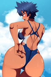 1girl ass black_hair blue_one-piece_swimsuit blush breasts cameltoe cloud competition_swimsuit highleg highleg_one-piece_swimsuit huge_ass median_furrow one-piece_swimsuit open_mouth original outdoors racerback sharp_teeth short_hair shoulder_blades skindentation sky solo swimsuit tan teeth thigh_gap tomboy wade99 wet wet_clothes wet_hair wet_swimsuit wide_hips