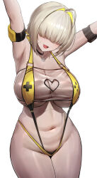 1girl absurdres armpits arms_up black_choker blonde_hair blush breasts choker covered_eyes cowboy_shot elegg_(nikke) goddess_of_victory:_nikke hair_over_eyes highres huge_breasts monegi navel open_mouth short_hair simple_background smile solo underboob white_background