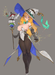 1girl bare_shoulders beast black_pantyhose blonde_hair blue_eyes bow bowtie breasts cleavage commentary covered_navel detached_collar detached_sleeves full_body gauntlets grey_background hair_ornament hat highres large_breasts leotard long_hair looking_at_viewer n9+ original pantyhose simple_background solo staff white_footwear witch_hat
