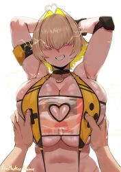 Rule 34 | 1girl, aestheticc-meme, armpits, arms behind head, bikini, blonde hair, breasts, cleavage, cleavage cutout, clothing cutout, collar, electricity, elegg (boom and shock) (nikke), elegg (nikke), fang, goddess of victory: nikke, groping, hair intakes, hair over eyes, heart, highres, huge breasts, purple eyes, short hair, slingshot swimsuit, swimsuit, yellow bikini, yellow slingshot swimsuit