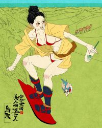 1girl absurdres annotated artist_logo bikini black_hair brand_name_imitation breasts camel cup desert disposable_cup drinking_straw hair_bun highres holding holding_cup japanese_clothes kimono logo looking_to_the_side obi open_clothes open_kimono original outdoors red_bikini sand_dune sand_surfing sash sei5osuzuki solo swimsuit tottori_prefecture yellow_kimono