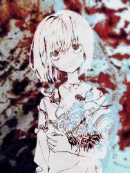 1girl arm_at_side bags_under_eyes bob_cut closed_mouth commentary expressionless hair_between_eyes head_tilt highres holding long_sleeves looking_at_viewer original partially_colored red_background self-harm short_hair simple_background solo straight-on sweater symbol-only_commentary upper_body upturned_eyes white_background zer0h