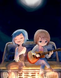 2girls blue_hair boots brown_hair car chloe_price closed_eyes crossed_legs female_focus freckles grey_jacket guitar highres instrument jacket jewelry life_is_strange_(series) life_is_strange_1 max_caulfield moon motor_vehicle multiple_girls music necklace night nokonoko_(a0dddd) on_car open_mouth pink_shirt playing_instrument shirt sitting smile tank_top white_tank_top