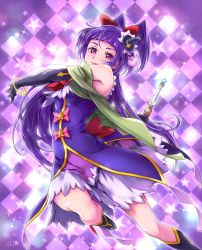 Rule 34 | 1girl, argyle background, argyle clothes, black boots, black gloves, black hat, boots, bow, capelet, chocokin, cure magical, elbow gloves, female focus, full body, gloves, hair bow, hat, highres, izayoi liko, knee boots, long hair, looking at viewer, magical girl, mahou girls precure!, mini hat, mini witch hat, pink bow, precure, purple background, purple eyes, purple hair, purple theme, red bow, riko (mahou girls precure!), skirt, smile, solo, star (symbol), star symbol background, witch hat