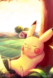 :3 animal_focus closed_eyes closed_mouth dusk farm full_body gen_1_pokemon lying nintendo no_humans outdoors pikachu pokemon pokemon_(creature) signature simple_bird tree vermeilbird