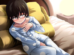 Rule 34 | 1girl, absurdres, between legs, black-framed eyewear, blue pajamas, brown hair, collarbone, glasses, hand between legs, highres, indoors, kuku123, lamp, light smile, long hair, long sleeves, nightstand, on bed, original, pajamas, pillow, second-party source, solo