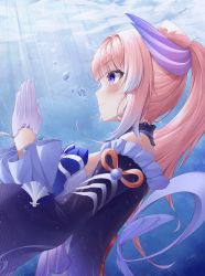 Rule 34 | 1girl, absurdres, air bubble, bare shoulders, blonde hair, blunt bangs, blush, bow, bubble, closed mouth, detached collar, detached sleeves, dress, frilled sleeves, frills, from side, genshin impact, gloves, hands up, highres, ichizon, long hair, long sleeves, ponytail, purple dress, purple eyes, sangonomiya kokomi, sidelocks, smile, solo, standing, upper body, white gloves, wide sleeves