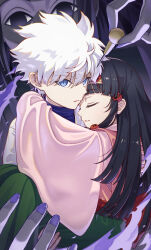 Rule 34 | 3boys, absurdres, alluka zoldyck, black eyes, black hair, carrying, closed eyes, empty eyes, hairband, highres, hunter x hunter, illumi zoldyck, japanese clothes, killua zoldyck, kimono, long hair, looking at viewer, multiple boys, nail polish, purple eyes, purple nails, short hair, takyohirano, white hair, wide sleeves, yellow hairband