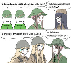 2boys 4girls blonde_hair brown_hair camouflage combat_helmet english_text garrison_cap german_text glasses gretel_jeckeln grey_eyes hat helmet homuhomu1208 irisdina_bernhard liz_hohenstein long_hair meme multiple_boys multiple_girls muv-luv muv-luv_alternative name_connection nationale_volksarmee people&#039;s_army_of_vietnam pham_thi_ran pith_helmet pun schwarzesmarken speech_bubble stahlhelm_m1956 sweat translation_request vietnamese_text who_the_fuck_are_you_people_i_thought_i_hired_goons_(meme)